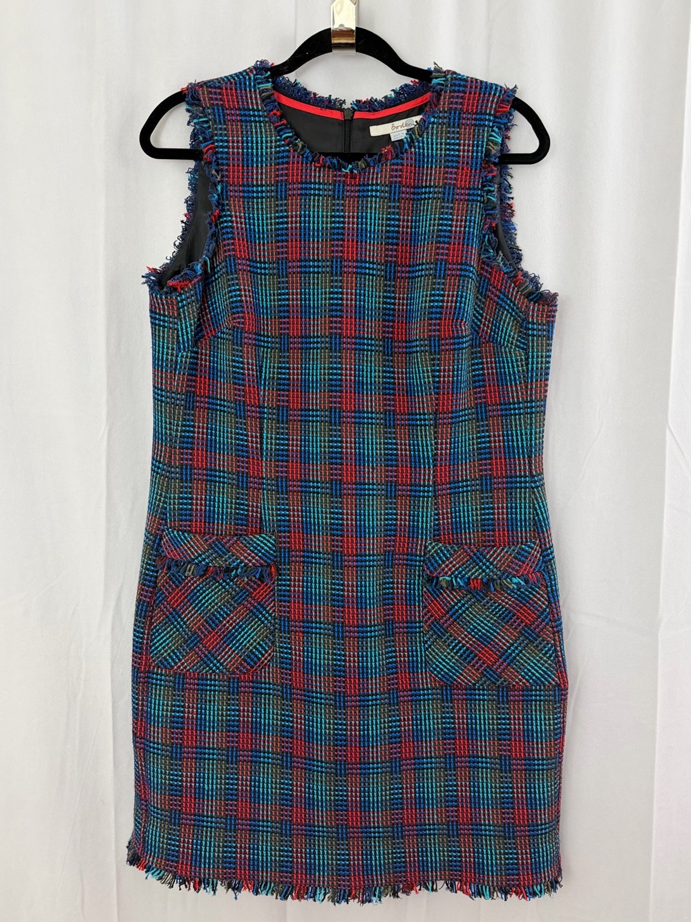 Boden Boucle Colorful Tweed Plaid Fringe Sleeveless Shift Dress Womens Size 10R - Picture 1 of 7